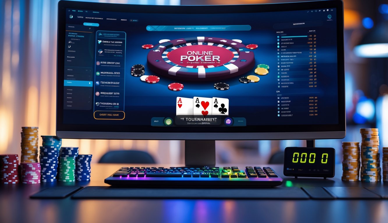 Sebuah meja komputer modern dengan layar menampilkan permainan poker online, dikelilingi oleh tumpukan chip poker dan kartu remi.