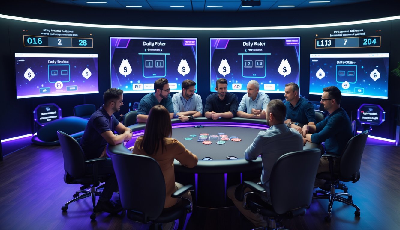 Sekelompok orang dewasa bermain poker online di depan monitor dengan suasana ruangan yang modern dan pencahayaan ambient biru ungu.