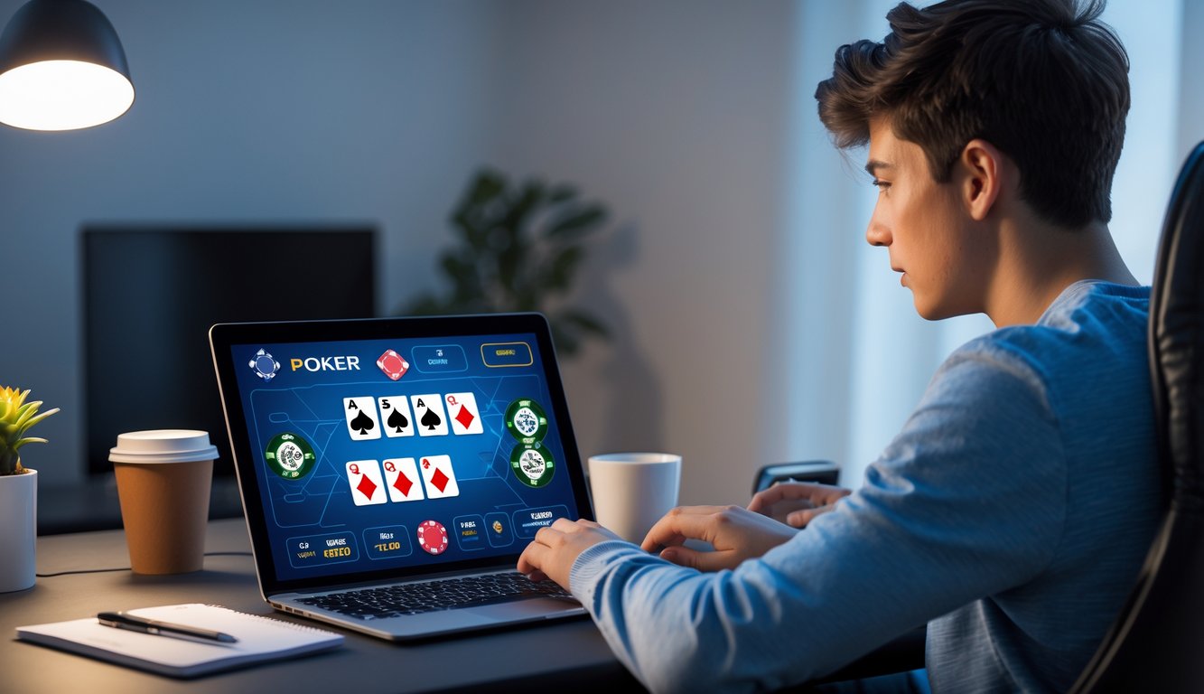 Seorang pemuda sedang bermain poker online di laptop di ruangan yang nyaman dengan pencahayaan lembut.