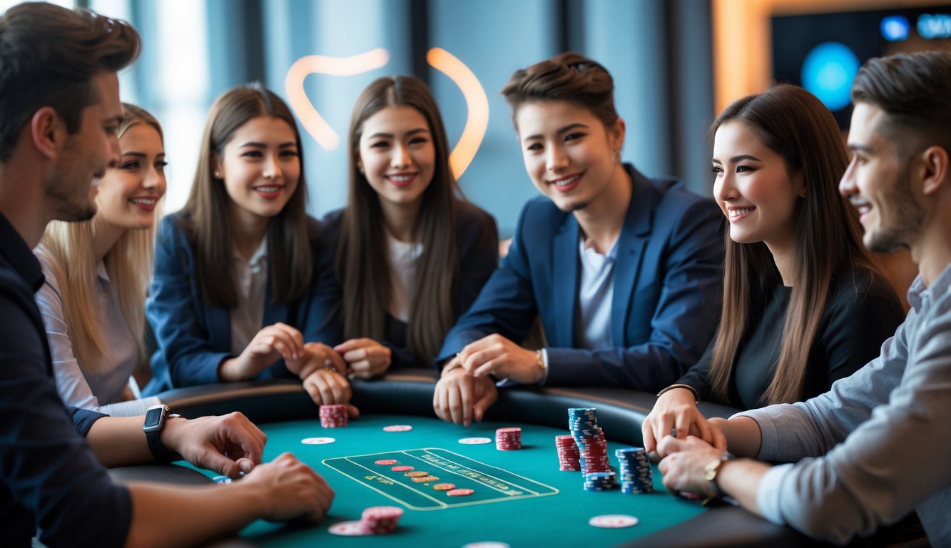 Sekelompok orang muda duduk di sekitar meja poker dengan kartu dan chip, terlihat fokus dan santai dalam suasana ruangan yang terang.