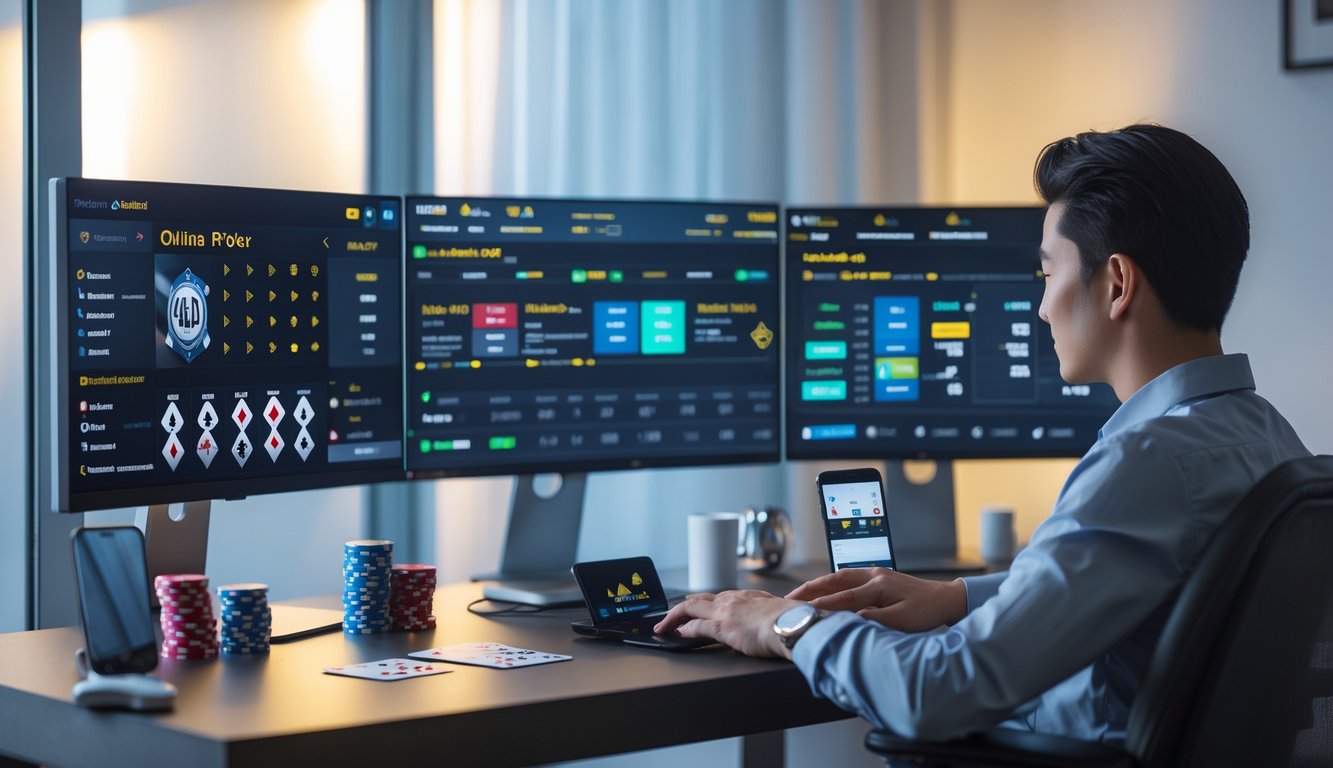 Seseorang sedang bermain poker online di meja kerja dengan beberapa monitor dan perlengkapan poker di sekitarnya.