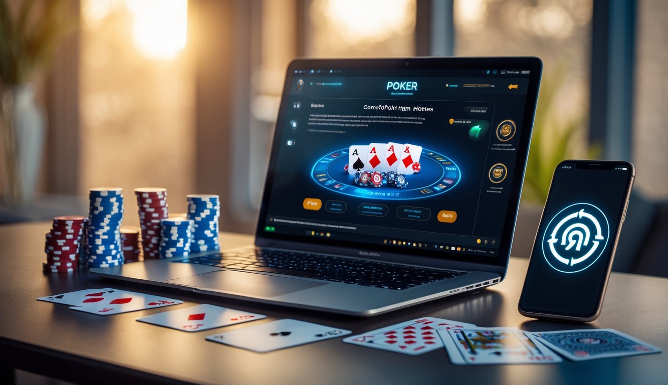 Sebuah meja kerja dengan laptop yang menampilkan permainan poker online, dikelilingi oleh chip poker dan kartu remi, dengan ponsel yang menunjukkan simbol koneksi aman.