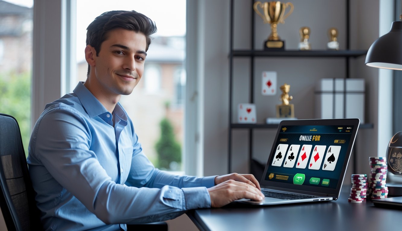 Seorang pria muda duduk di meja dengan laptop yang menampilkan permainan poker online, di ruang kerja yang rapi dengan dekorasi bertema poker.