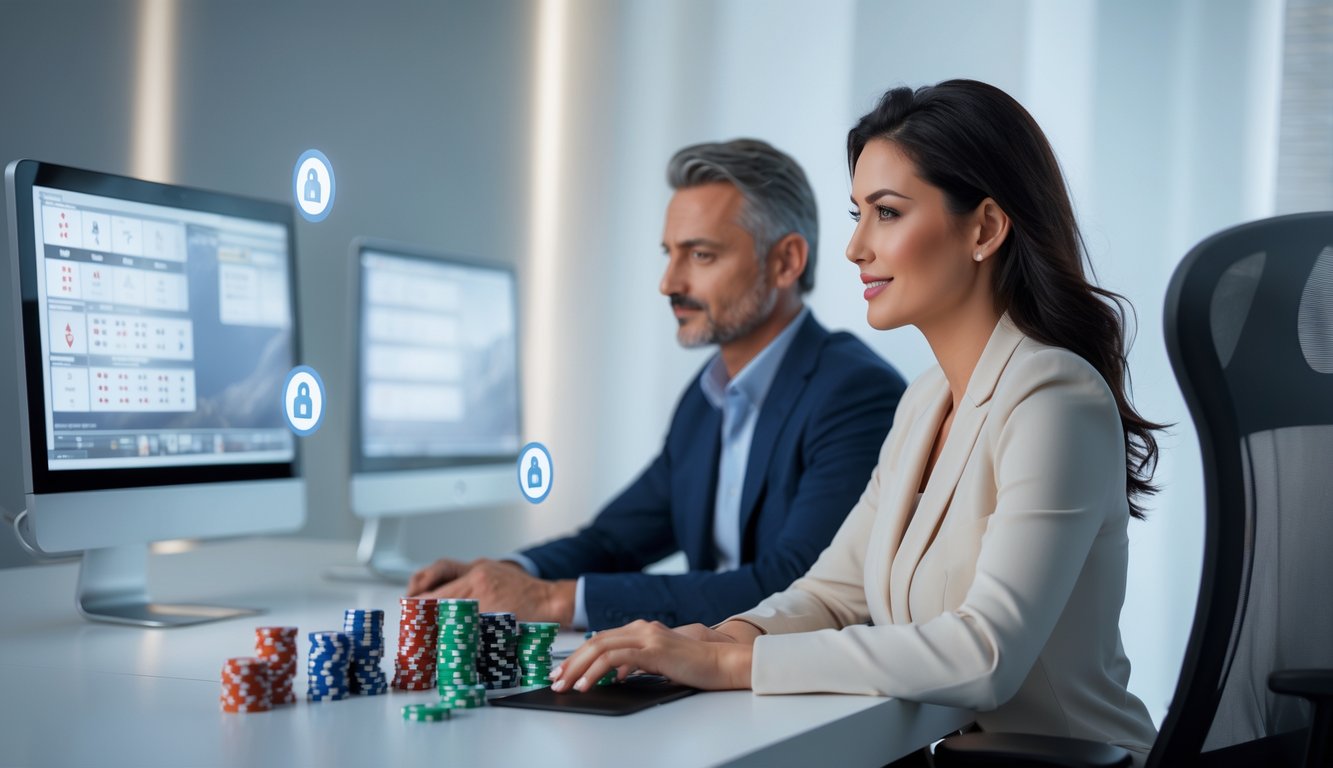 Dua orang dewasa duduk di depan komputer yang menampilkan permainan poker online, terlihat fokus dan serius dalam lingkungan yang aman dan profesional.