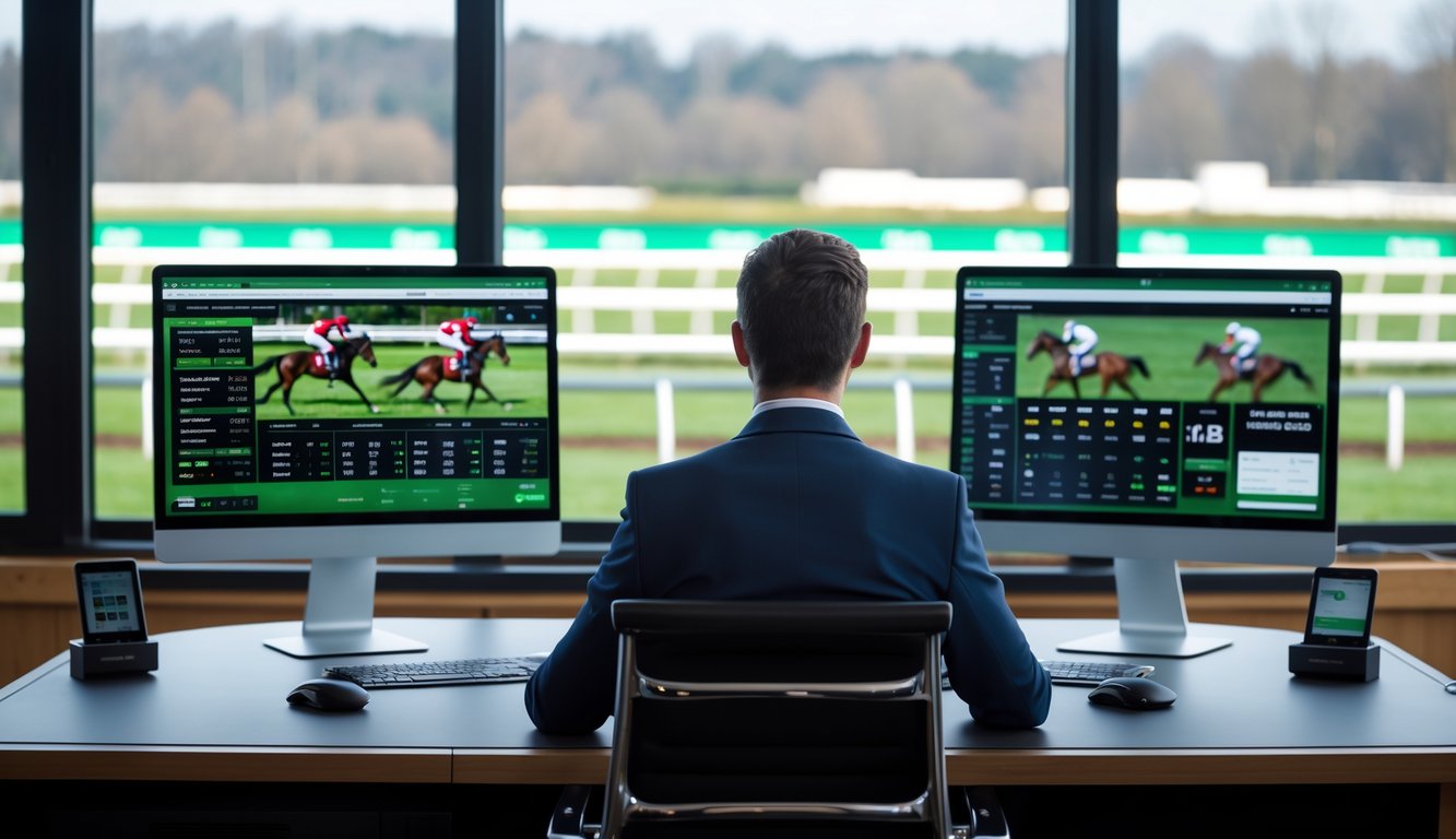 Seseorang duduk di meja dengan beberapa monitor komputer yang menampilkan balapan kuda dan informasi taruhan.