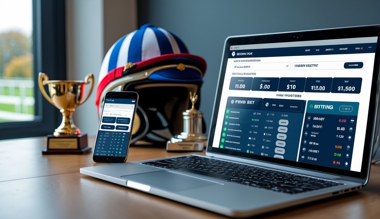 Sebuah meja kerja modern dengan laptop dan ponsel yang menampilkan antarmuka taruhan balap kuda, dikelilingi oleh memorabilia balap kuda seperti helm joki dan trofi kecil.