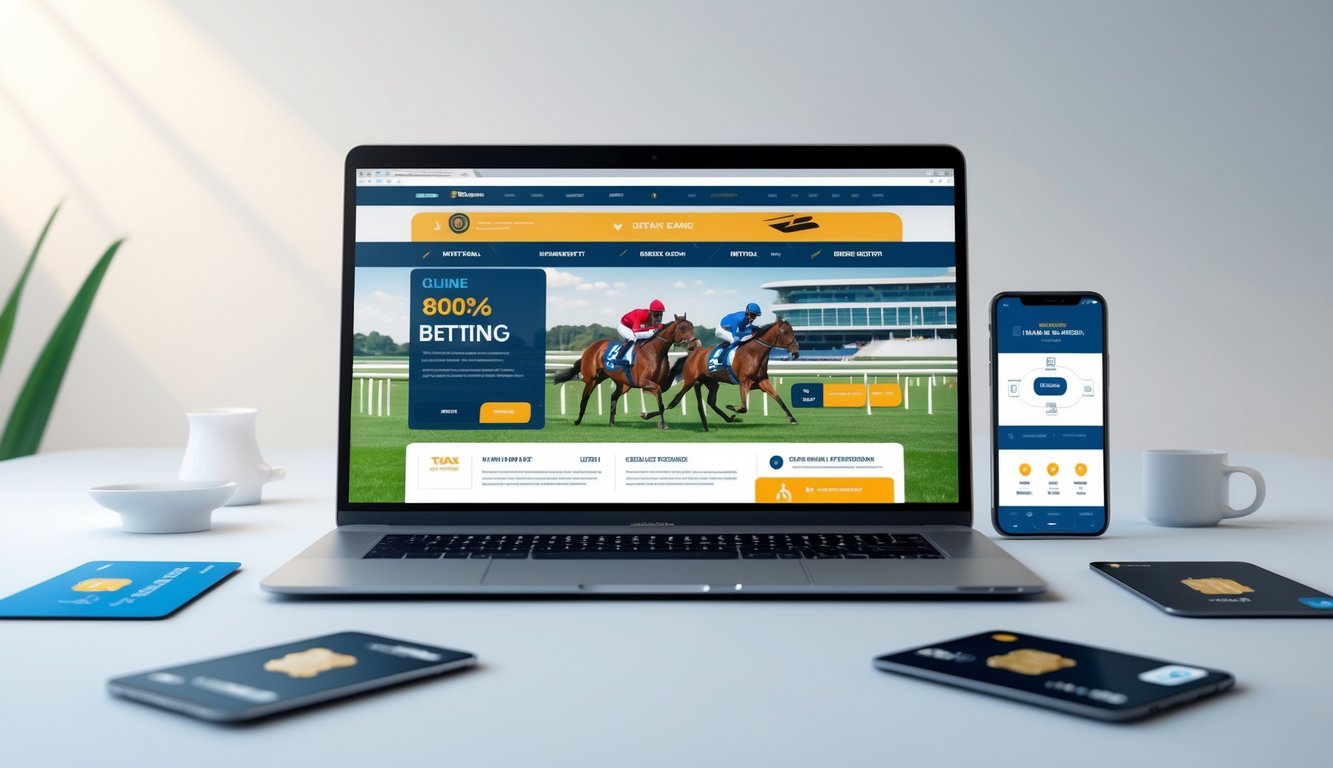 Seorang pengguna sedang melihat situs taruhan balap kuda online di layar komputer dengan latar belakang bersih dan elemen pembayaran digital.