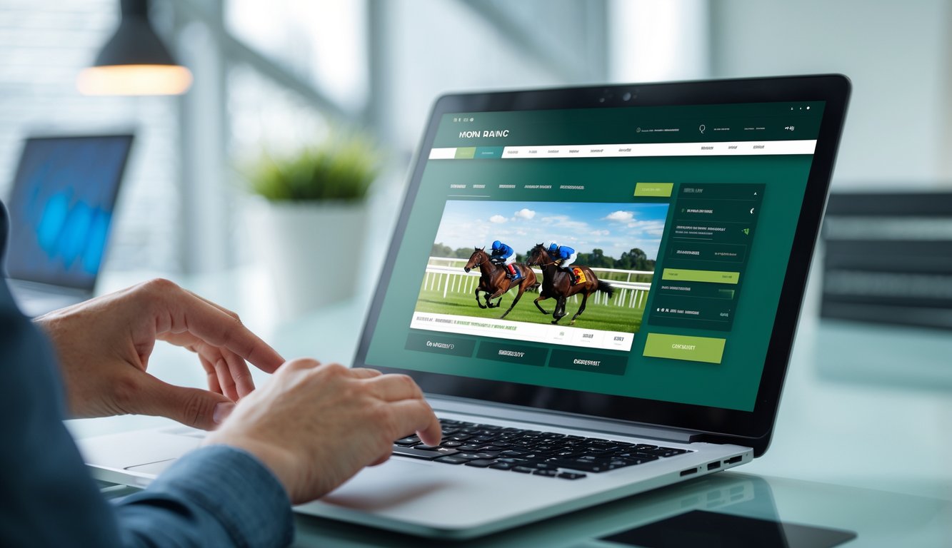 Seseorang menggunakan laptop untuk memasang taruhan balap kuda secara online di ruang kerja yang terang dan rapi.