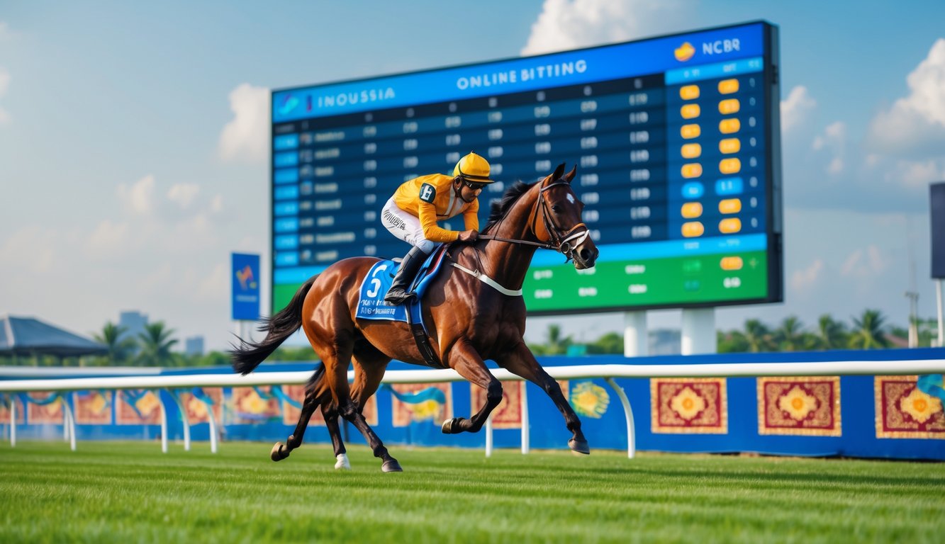 Seekor kuda pacu dengan joki sedang berlari di lintasan balap yang hijau dengan papan skor digital dan terminal taruhan di latar belakang.
