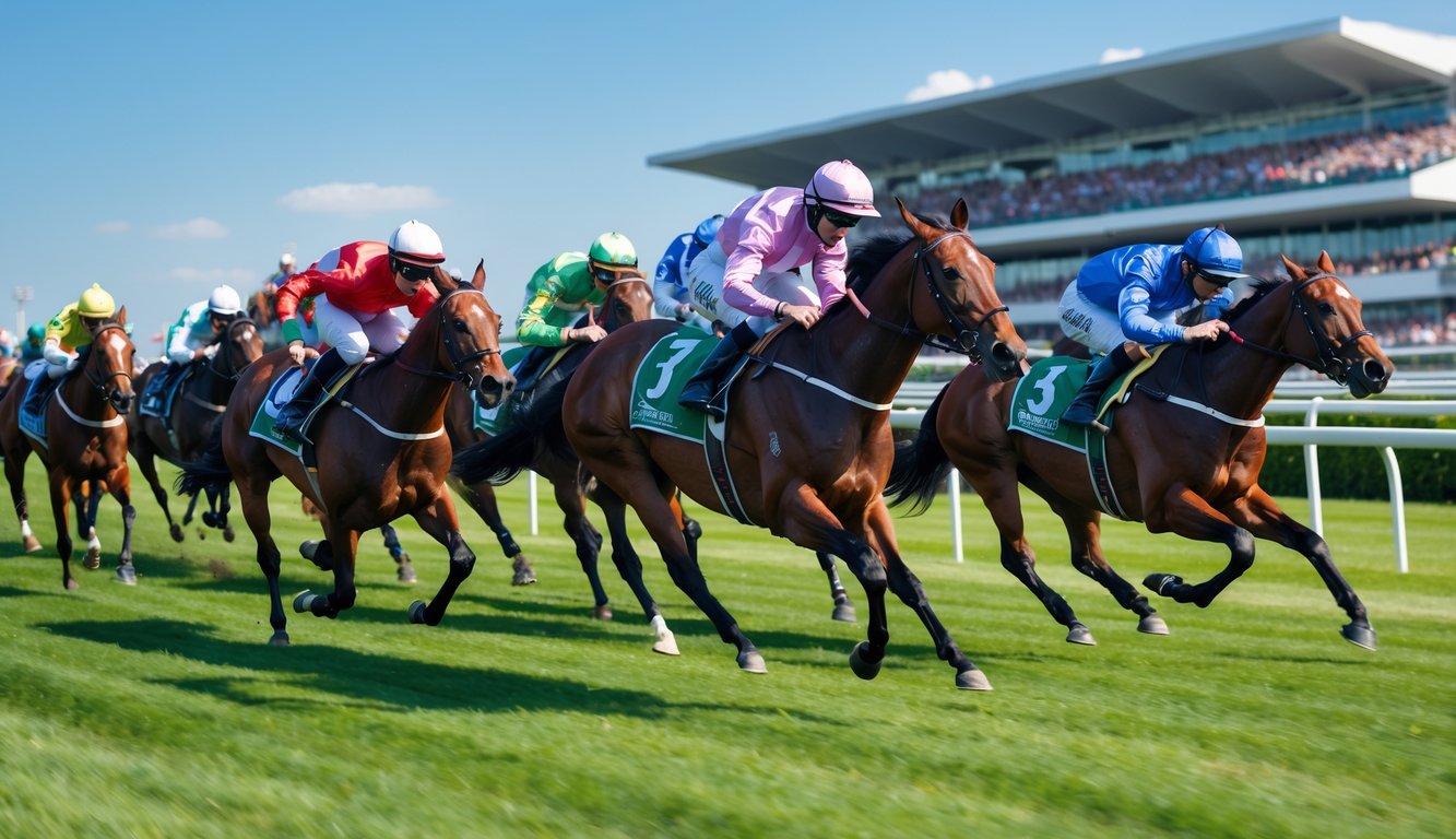 Beberapa kuda pacu dengan joki sedang berlari cepat di lintasan pacuan dengan tribun penonton di latar belakang.