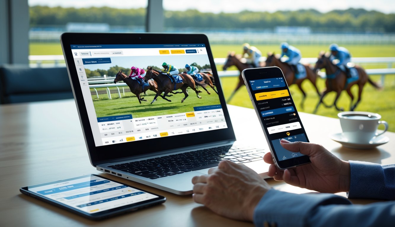 Seorang pengguna di depan laptop yang menampilkan siaran langsung balap kuda, dengan ponsel dan tablet di meja, latar belakang lintasan balap kuda terlihat jelas.