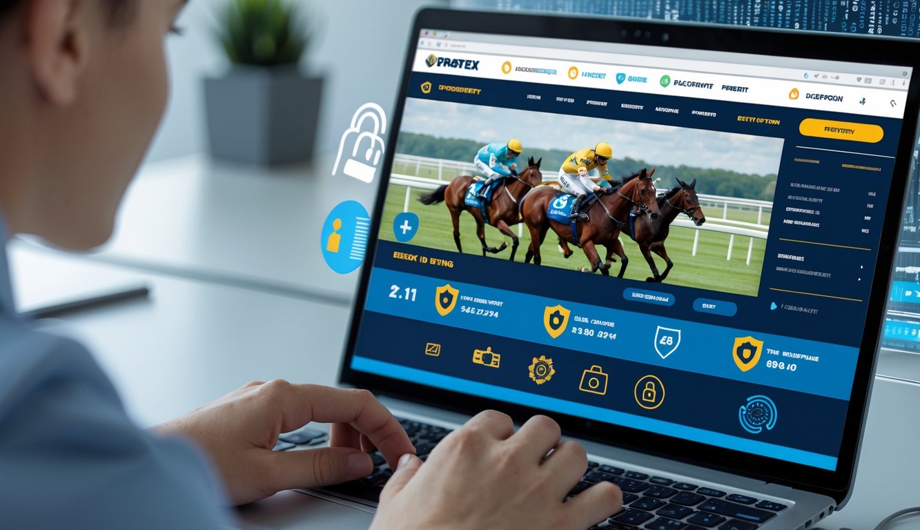 Seseorang menggunakan komputer dengan tampilan situs taruhan balap kuda online resmi yang menampilkan simbol keamanan.