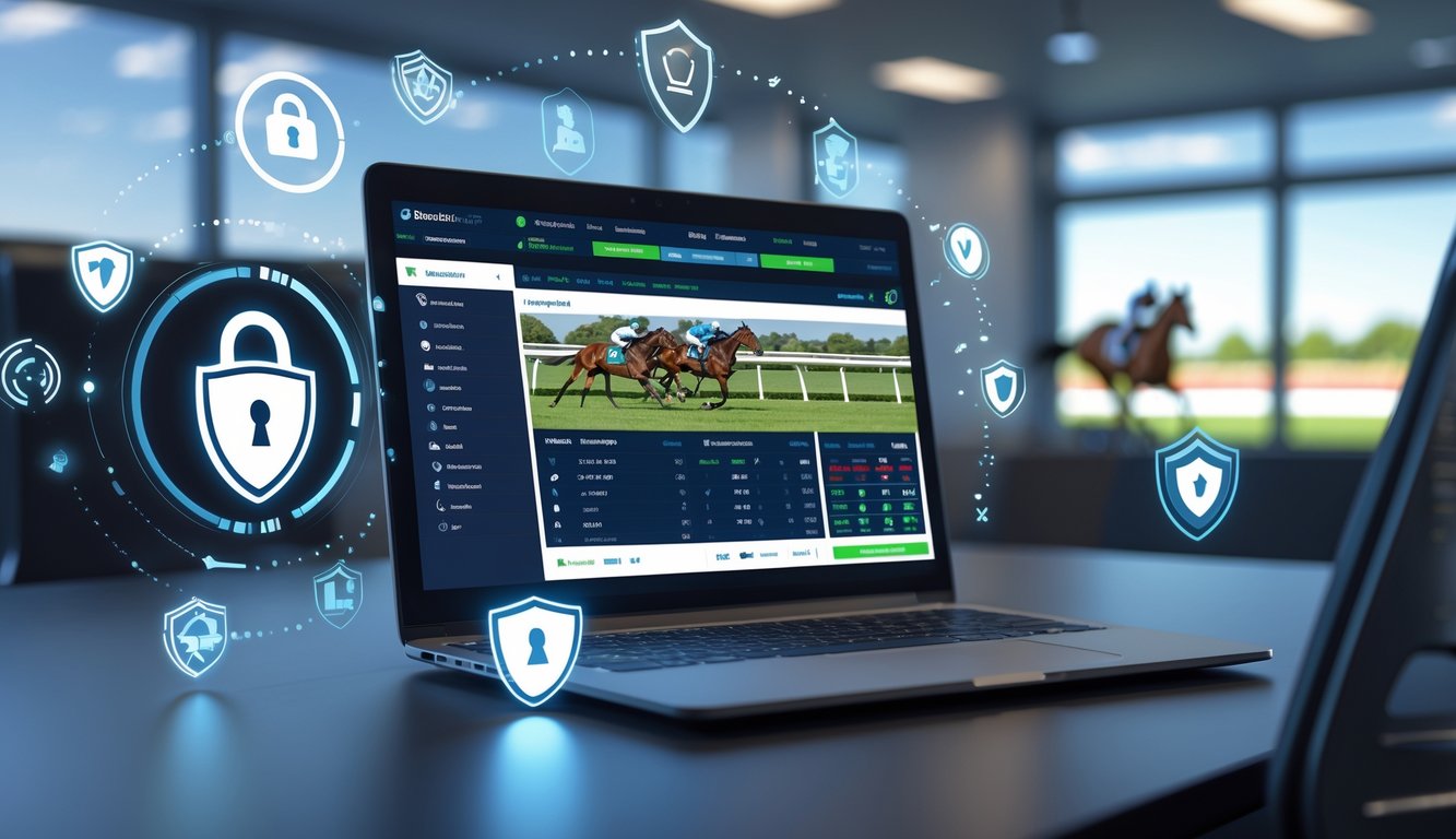 Seorang pengguna di depan komputer dengan layar menampilkan platform taruhan balap kuda online yang aman, dilengkapi ikon keamanan dan latar belakang kantor modern.