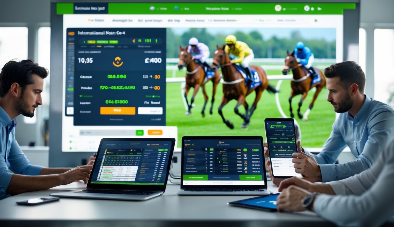 Orang-orang menggunakan perangkat digital untuk memasang taruhan balap kuda secara online dengan layar besar menampilkan perlombaan kuda di latar belakang.