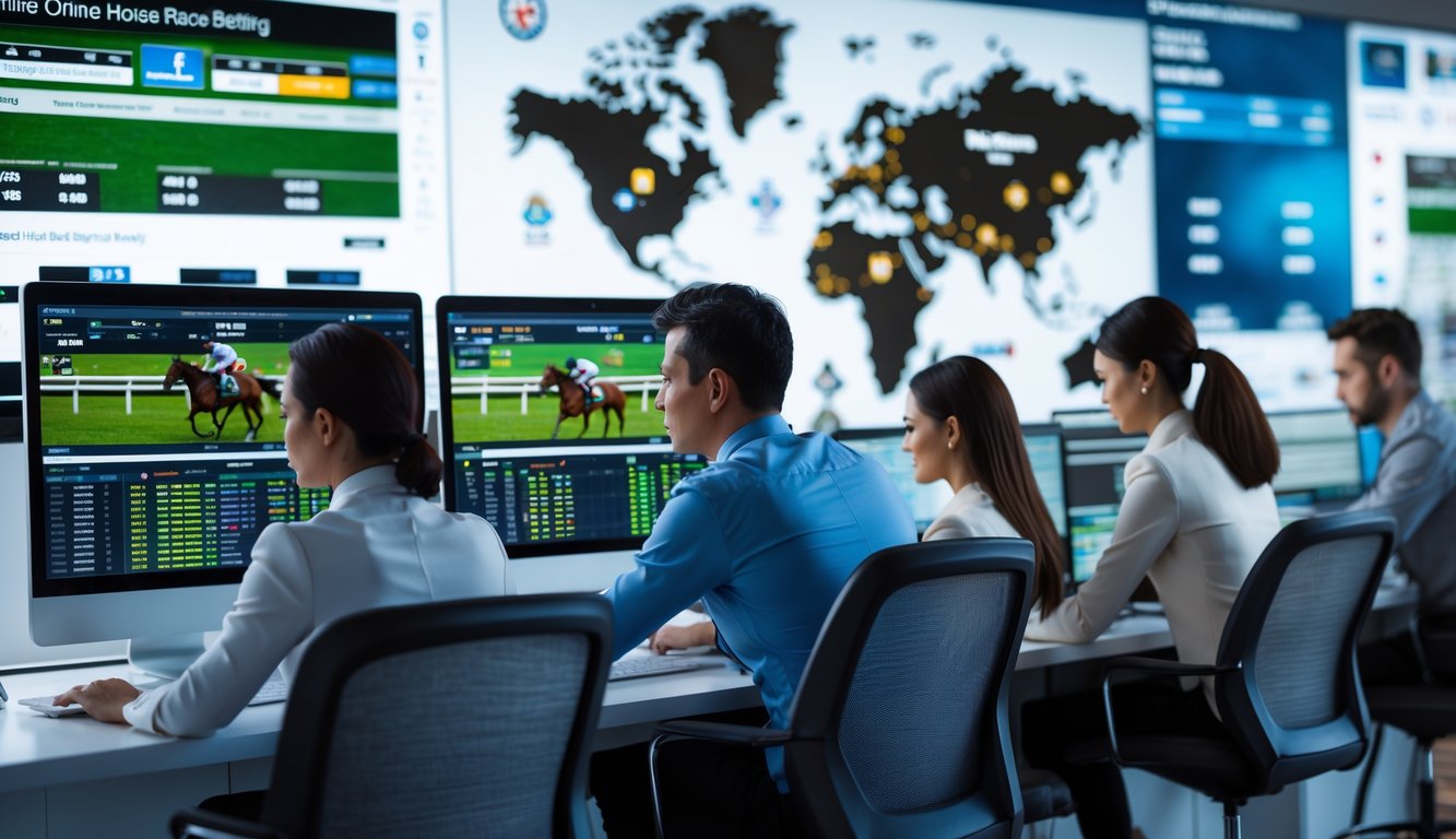 Sejumlah profesional sedang bekerja dengan komputer menampilkan data dan siaran balap kuda online dalam suasana kantor modern.