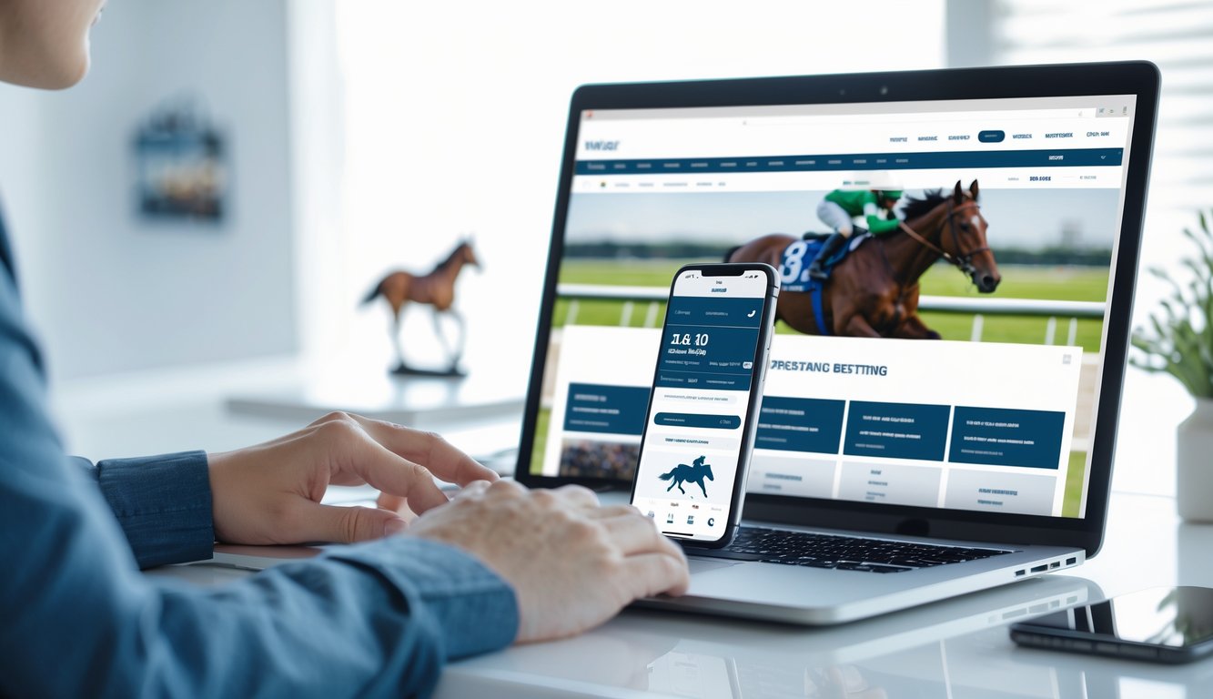 Seseorang menggunakan laptop dan smartphone untuk memasang taruhan balap kuda secara online di meja yang bersih dan terang.