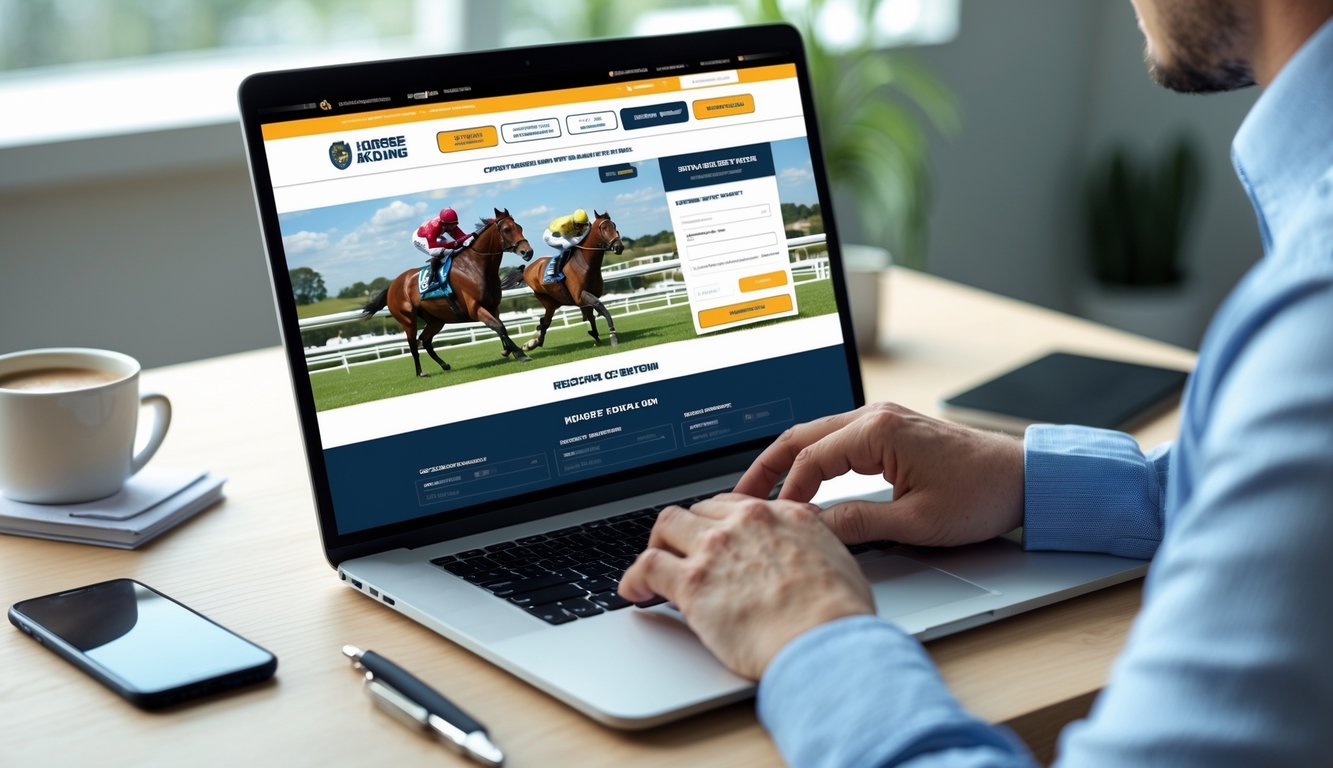 Seseorang sedang mendaftar di situs taruhan balap kuda online resmi menggunakan laptop di meja kerja yang rapi.