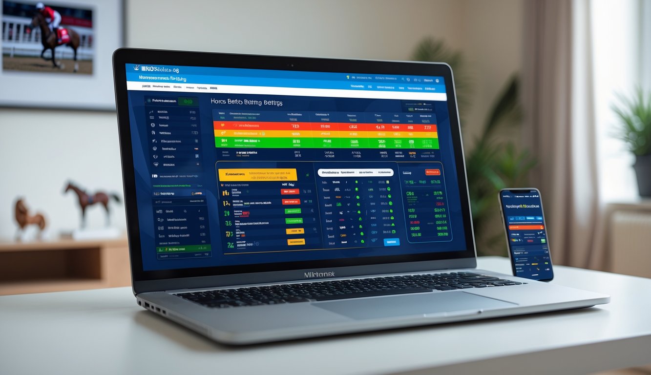 Seseorang menggunakan laptop dan ponsel untuk memasang taruhan balap kuda online di ruang kerja modern.