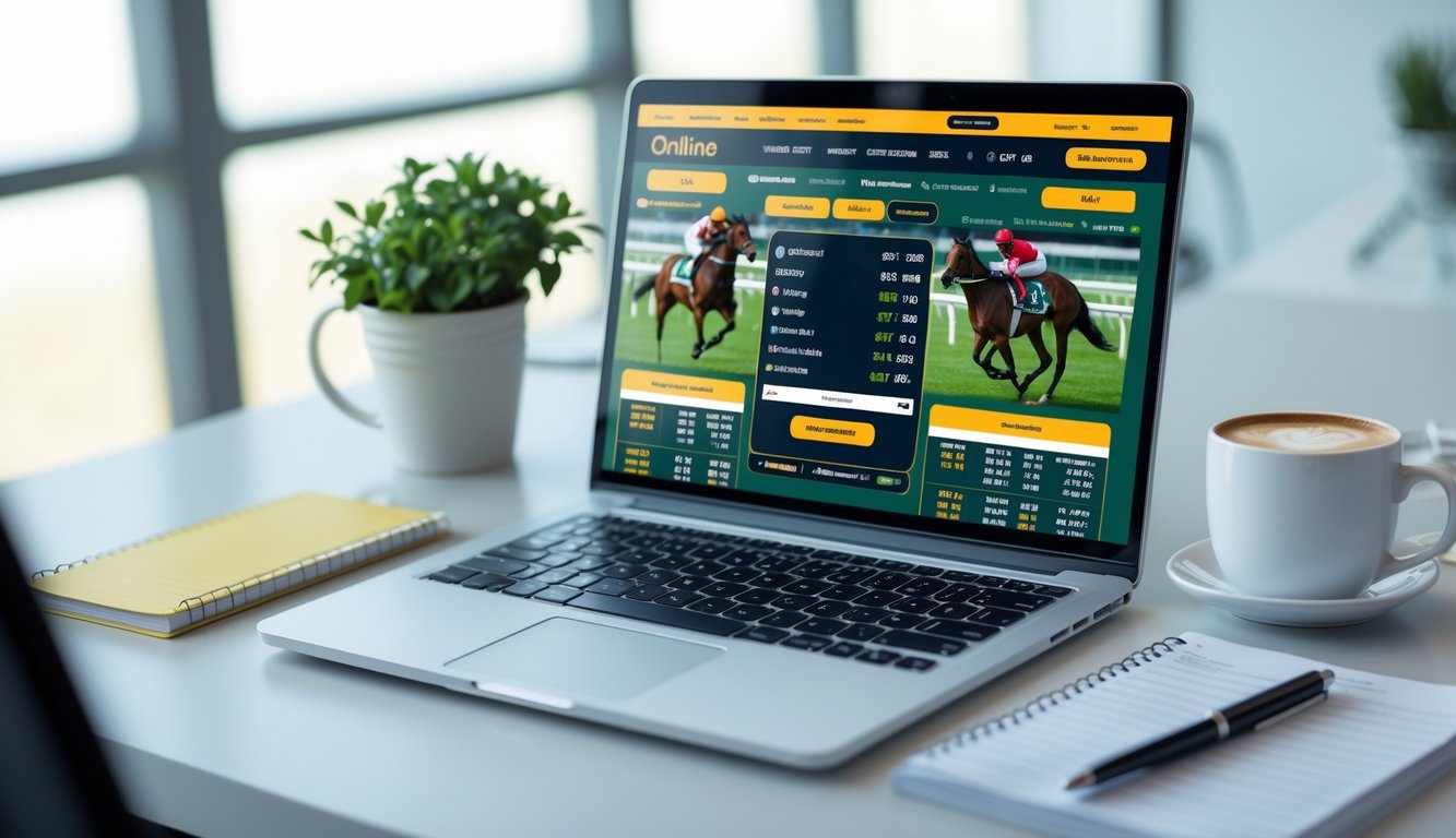 Seseorang menggunakan komputer dan ponsel untuk bertaruh pada balap kuda secara online di meja kerja yang rapi.