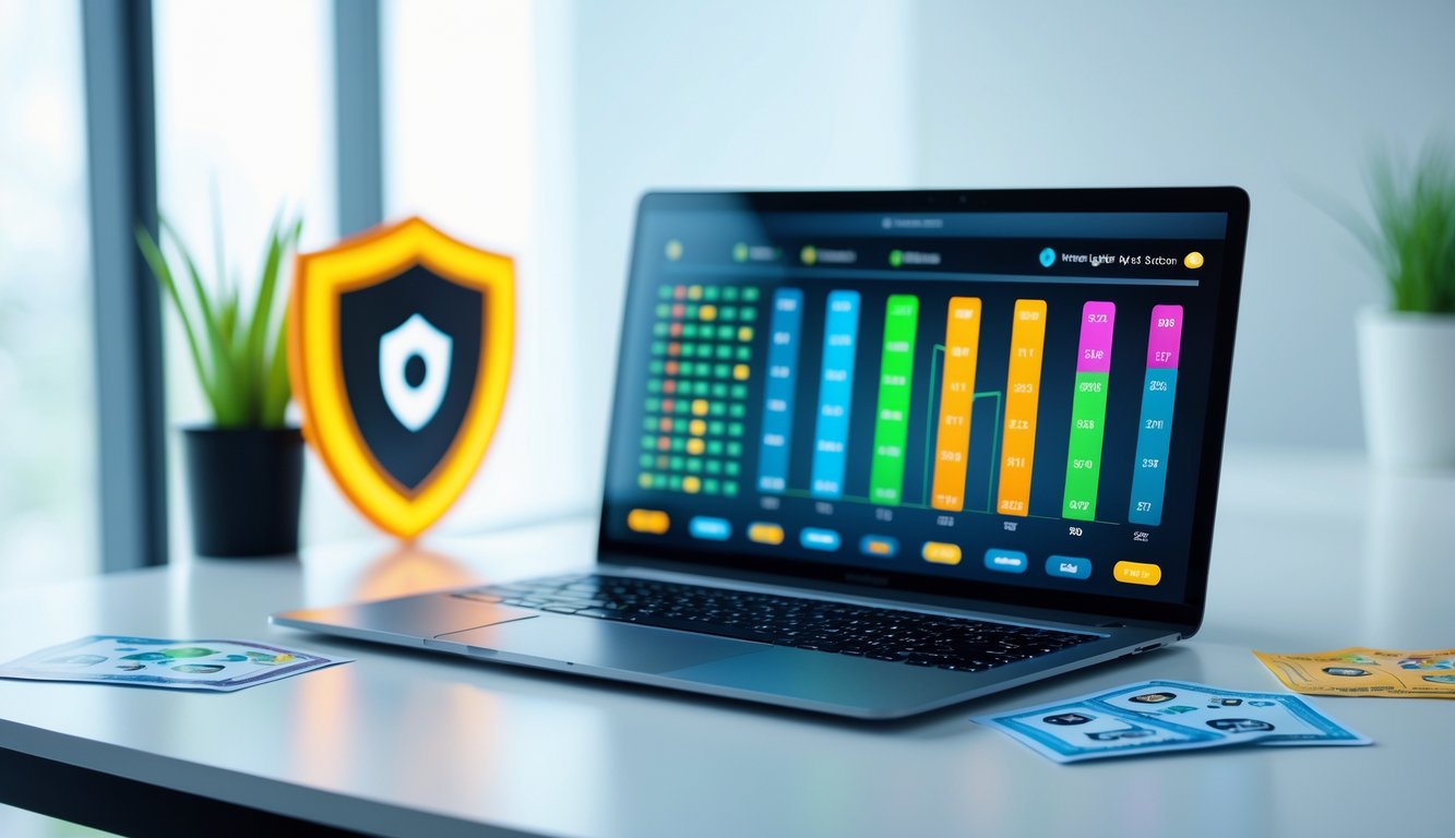Seorang laptop di atas meja rapi dengan tampilan antarmuka lotere digital dan elemen simbol keamanan di sekitarnya.