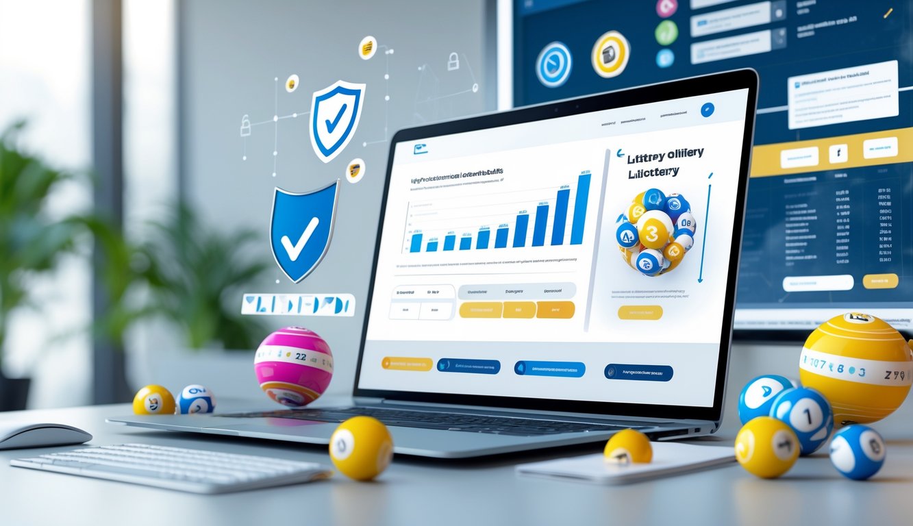 Seorang pria menggunakan laptop di meja kerja dengan tampilan situs lotere online yang profesional dan terpercaya.