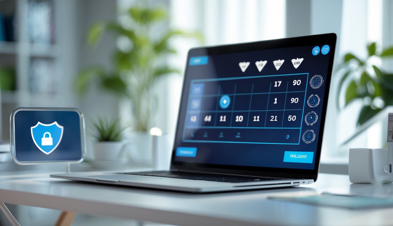 Sebuah meja kerja dengan komputer yang menampilkan antarmuka digital terkait lotere online, dengan pencahayaan terang dan suasana profesional.