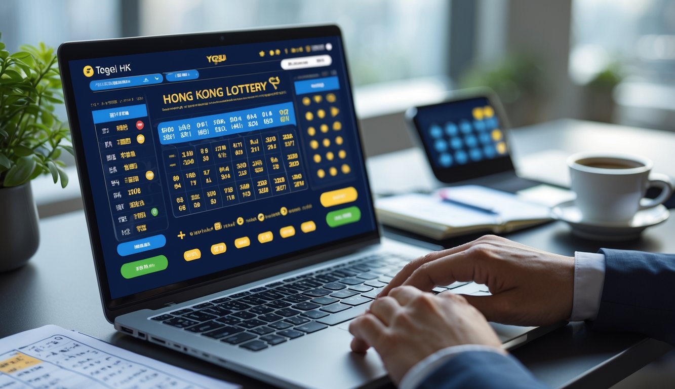 Seseorang menggunakan laptop dengan tampilan antarmuka lotere digital, di meja terdapat smartphone dan catatan, menunjukkan aktivitas memilih bandar togel online resmi.