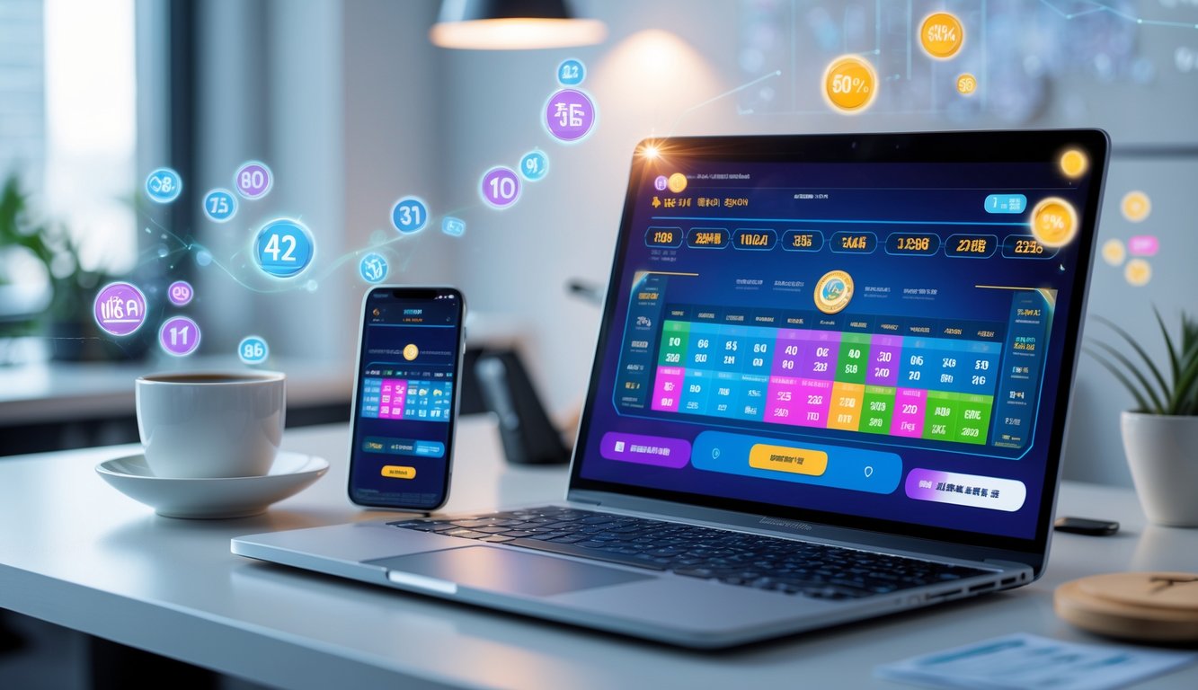 Meja kerja modern dengan laptop dan ponsel yang menampilkan aplikasi togel online, dilengkapi dengan suasana yang bersih dan pencahayaan alami.