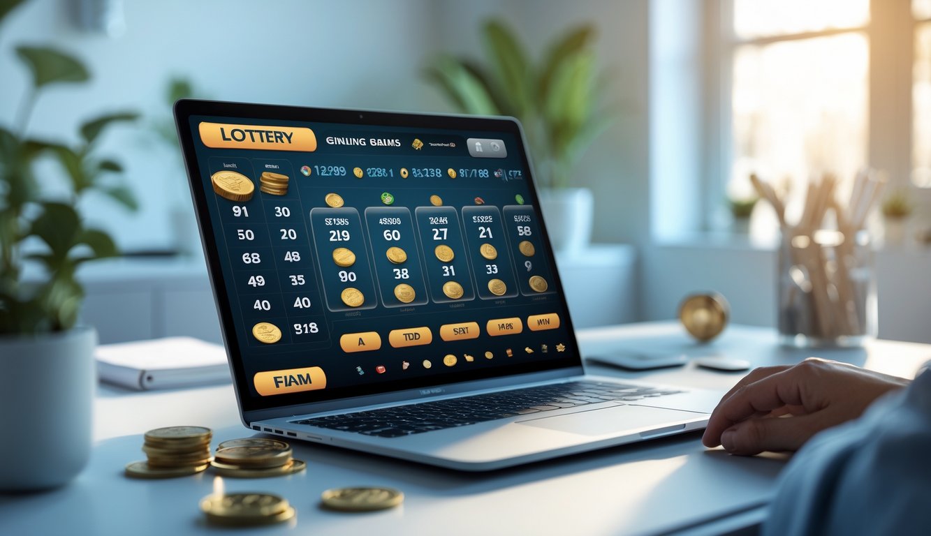 Sebuah meja kerja modern dengan laptop yang menampilkan antarmuka permainan lotere online, dikelilingi oleh dekorasi minimalis dan perlambang transaksi keuangan.