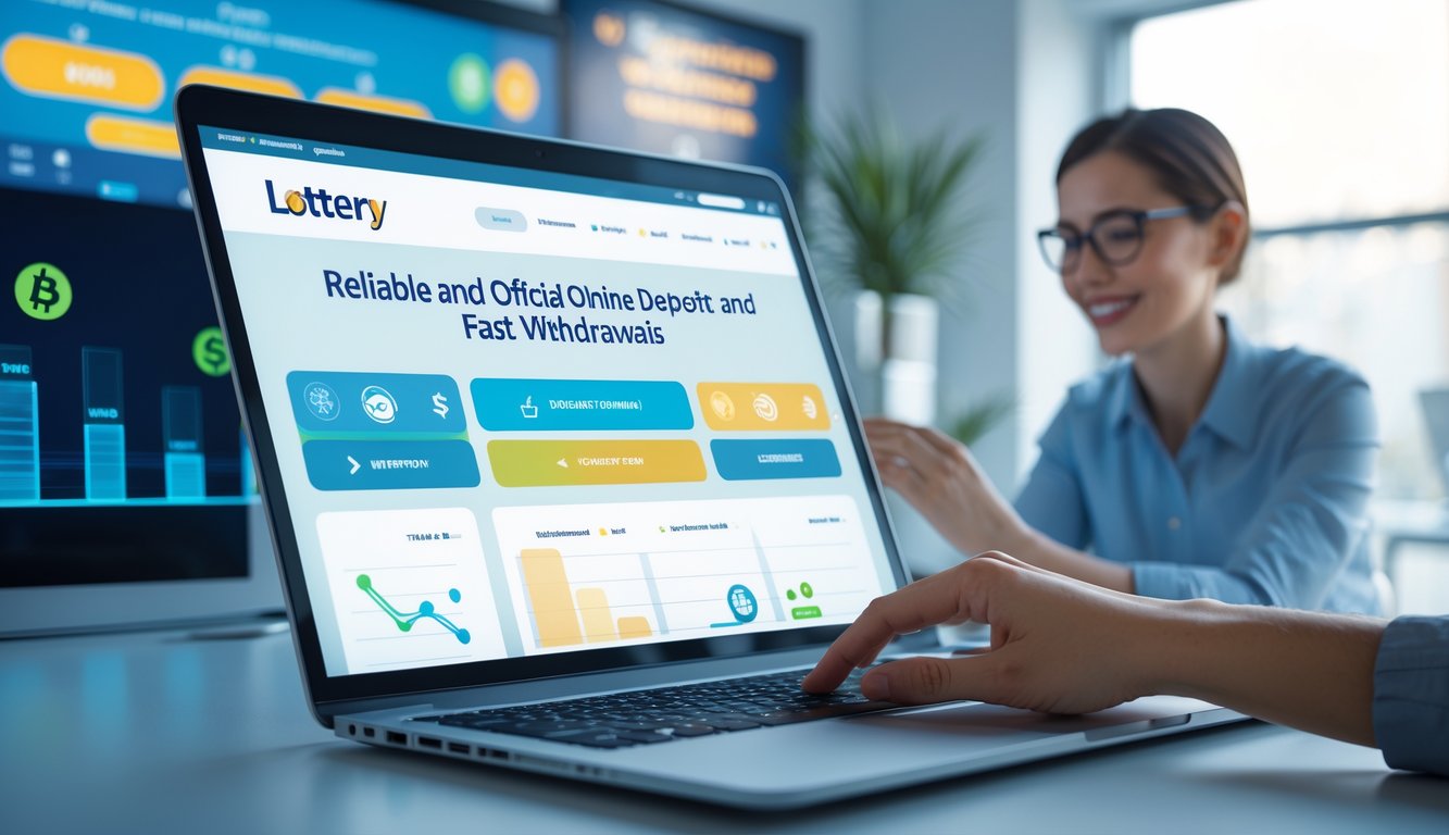 Seseorang menggunakan laptop di meja kerja modern dengan tampilan antarmuka situs lotere online, menunjukkan suasana profesional dan cepat.