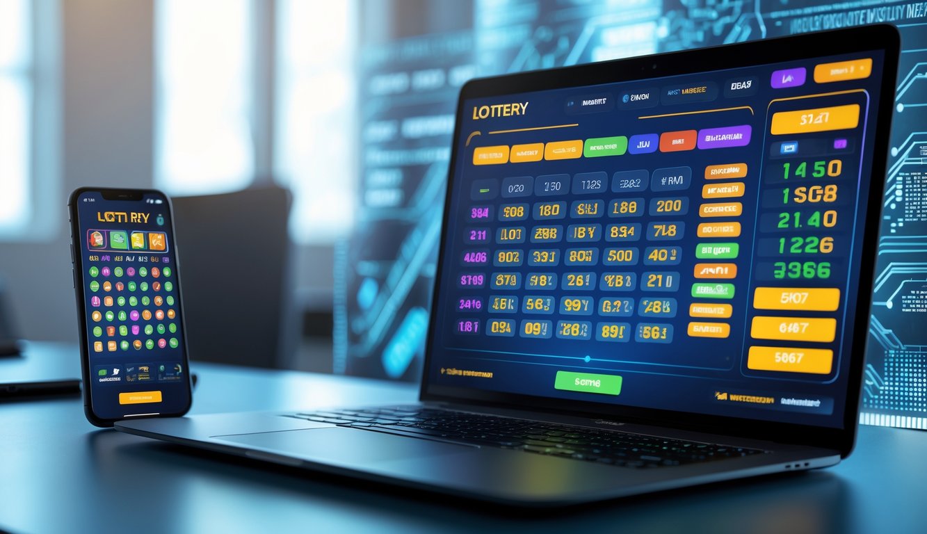 Meja kerja modern dengan laptop dan ponsel yang menampilkan antarmuka permainan togel online di lingkungan kantor yang bersih dan terang.