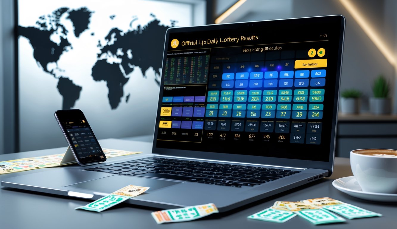 Meja kerja dengan laptop menampilkan antarmuka digital angka lotre, tiket lotre, dan ponsel dengan aplikasi lotre, suasana profesional dan modern.