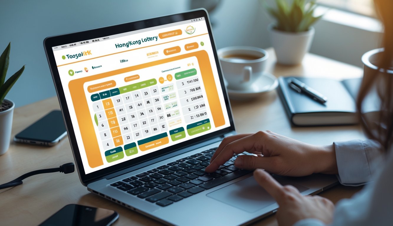 Seseorang menggunakan laptop di meja kerja dengan layar menampilkan hasil togel Hong Kong terbaru, dikelilingi oleh smartphone, kopi, dan alat tulis.