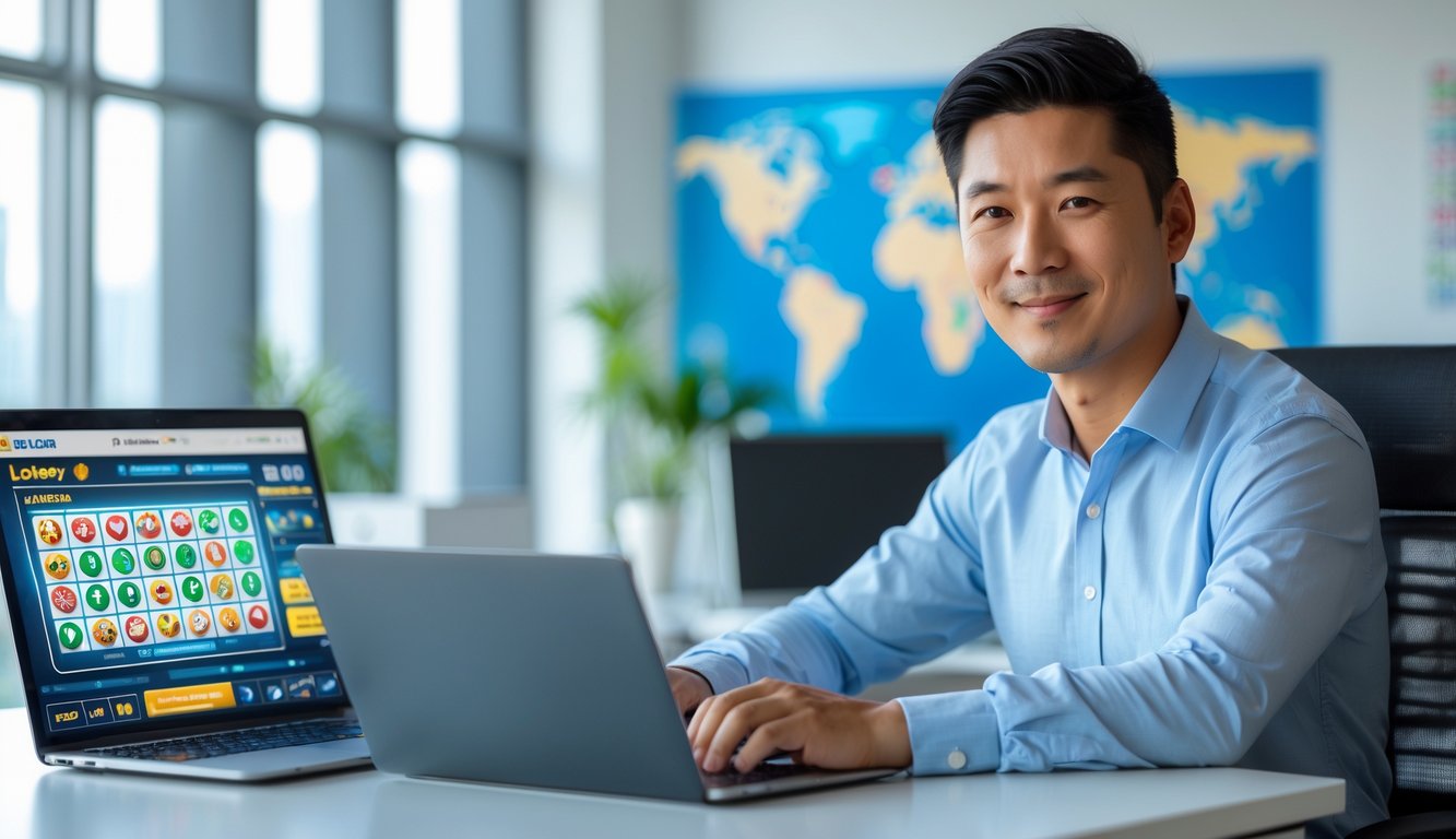 Seorang pria Asia duduk di meja modern dengan laptop dan ponsel, menunjukkan suasana kantor yang terang dan rapi dengan peta dunia di latar belakang.