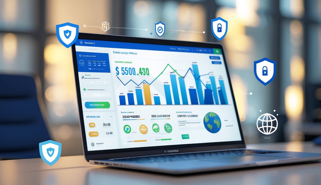 Seorang profesional menggunakan laptop dengan tampilan platform lotere online yang aman dan berlisensi di sebuah ruang kantor.