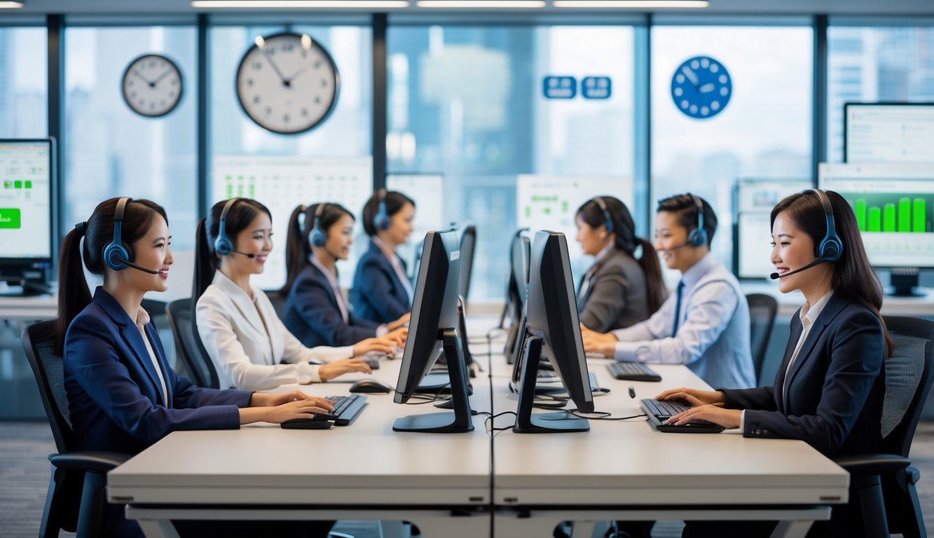 Tim layanan pelanggan yang ramah bekerja di pusat layanan dengan komputer dan headset, melayani pelanggan secara online sepanjang waktu.