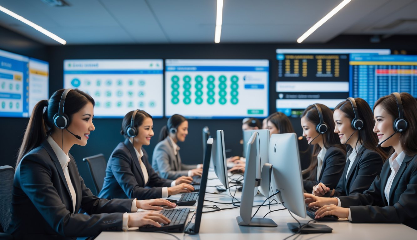 Tim layanan pelanggan yang ramah sedang bekerja di kantor modern dengan komputer dan headset, memberikan dukungan sepanjang waktu.