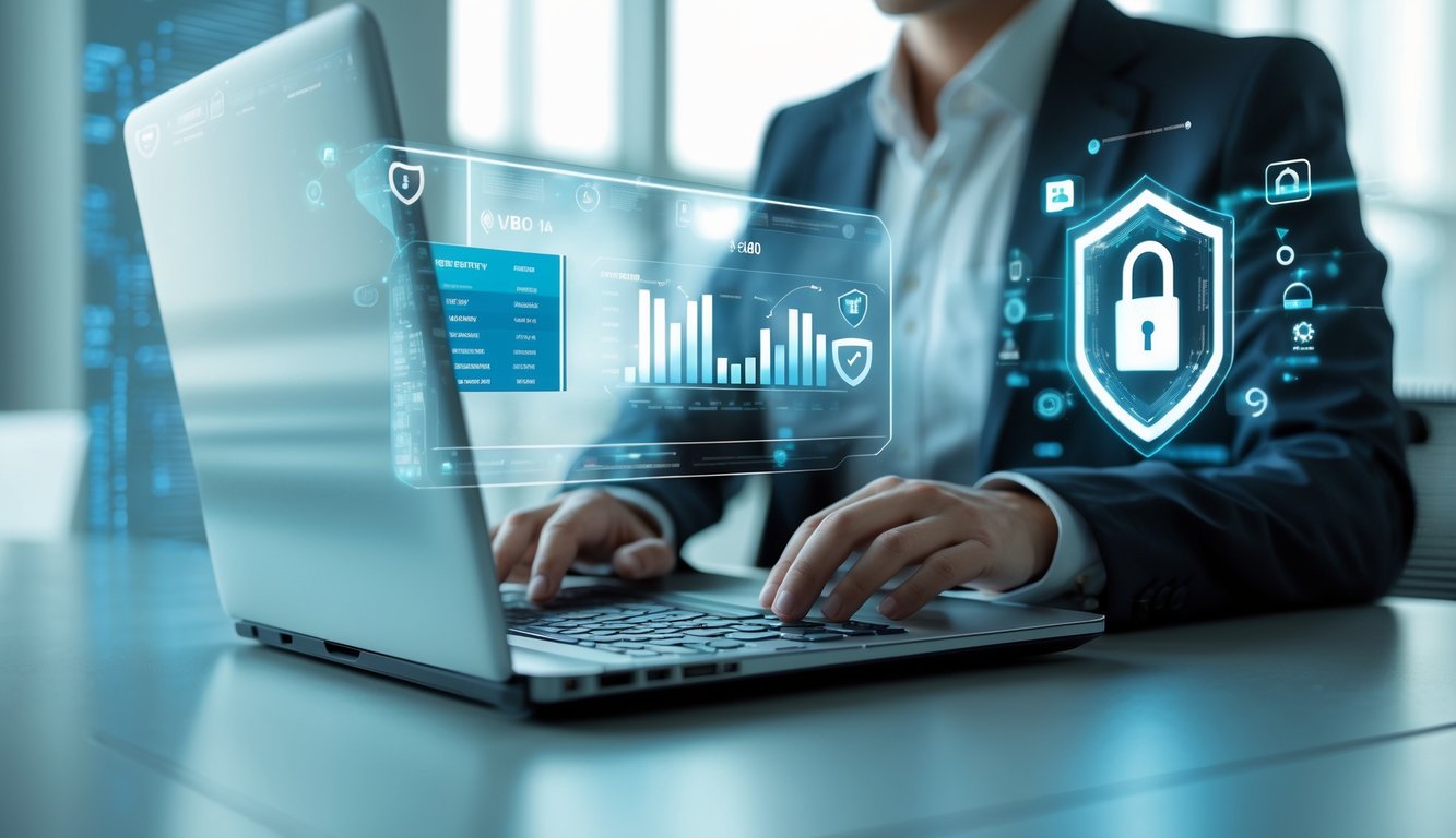 Seseorang menggunakan laptop di kantor modern dengan layar holografik menampilkan ikon keamanan dan data.