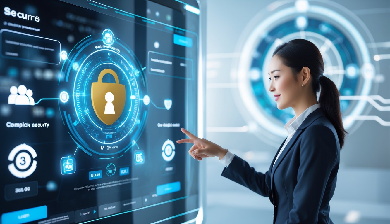 Seorang profesional Asia menggunakan antarmuka digital futuristik yang menunjukkan simbol keamanan data dalam lingkungan teknologi modern.