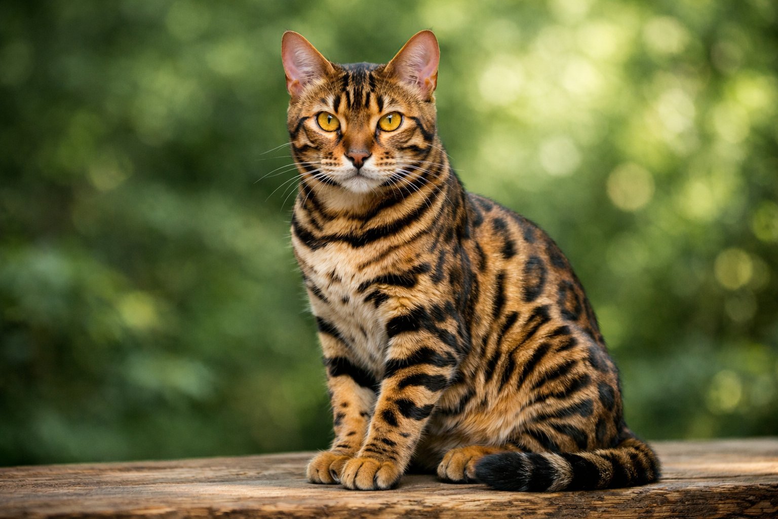 A Bengal cat with tiger-like markings sitting on a wooden surface with a green forest background.