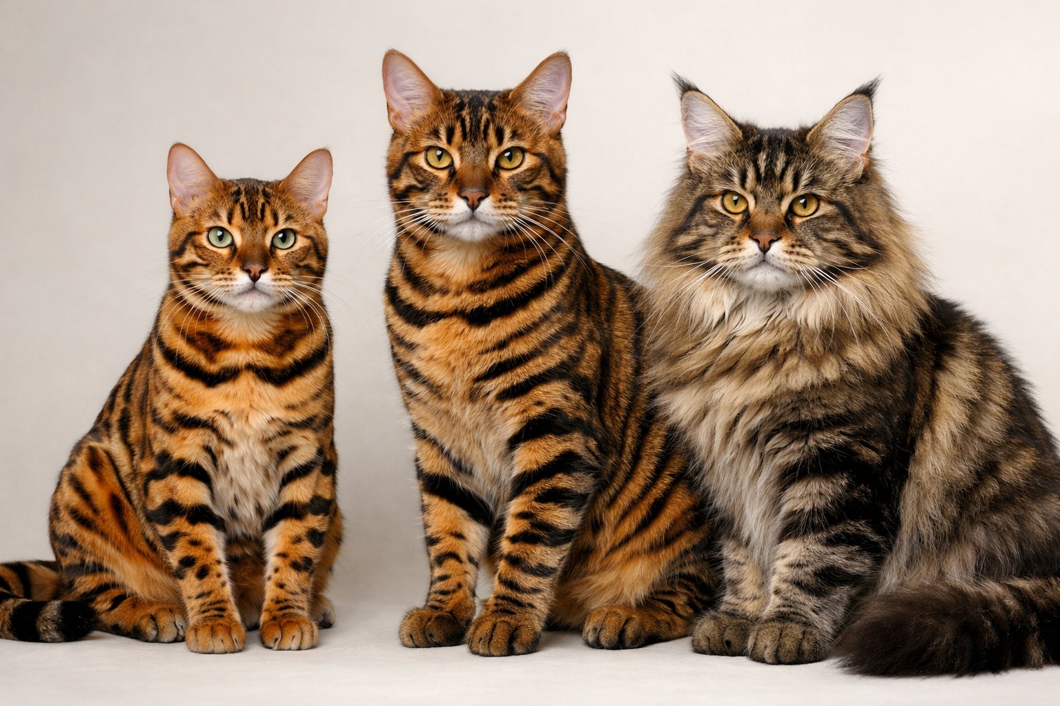 Several domestic cats with tiger-like stripes sitting together on a plain background.