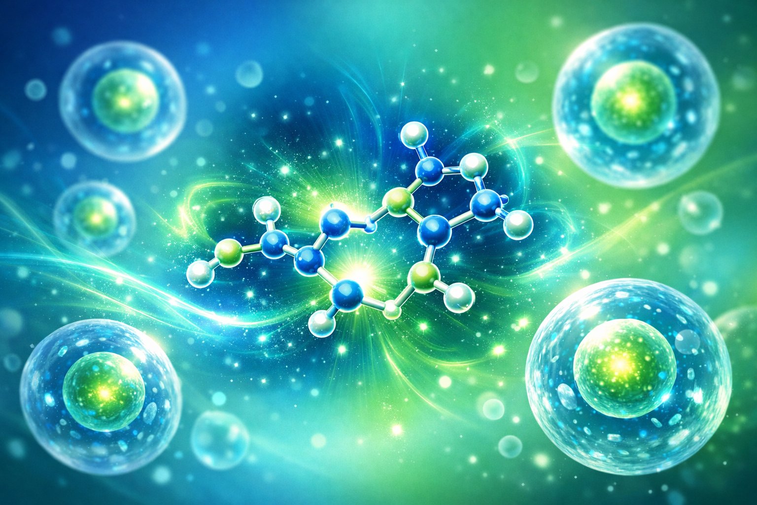 Illustration of a glowing molecule surrounded by healthy human cells with a vibrant energy aura, symbolizing cellular energy and healthy aging.