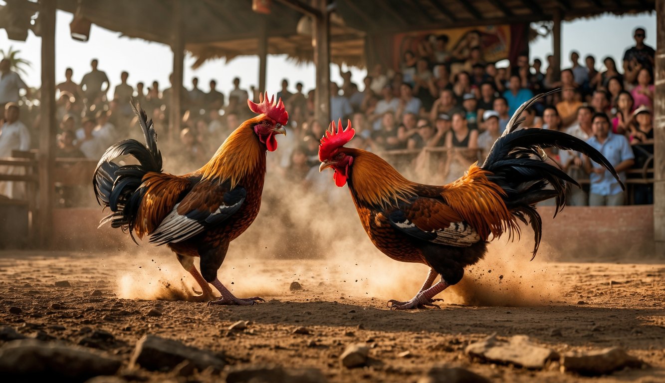 Dua ayam jago sedang bertarung di arena dengan kerumunan penonton yang antusias menyaksikan.