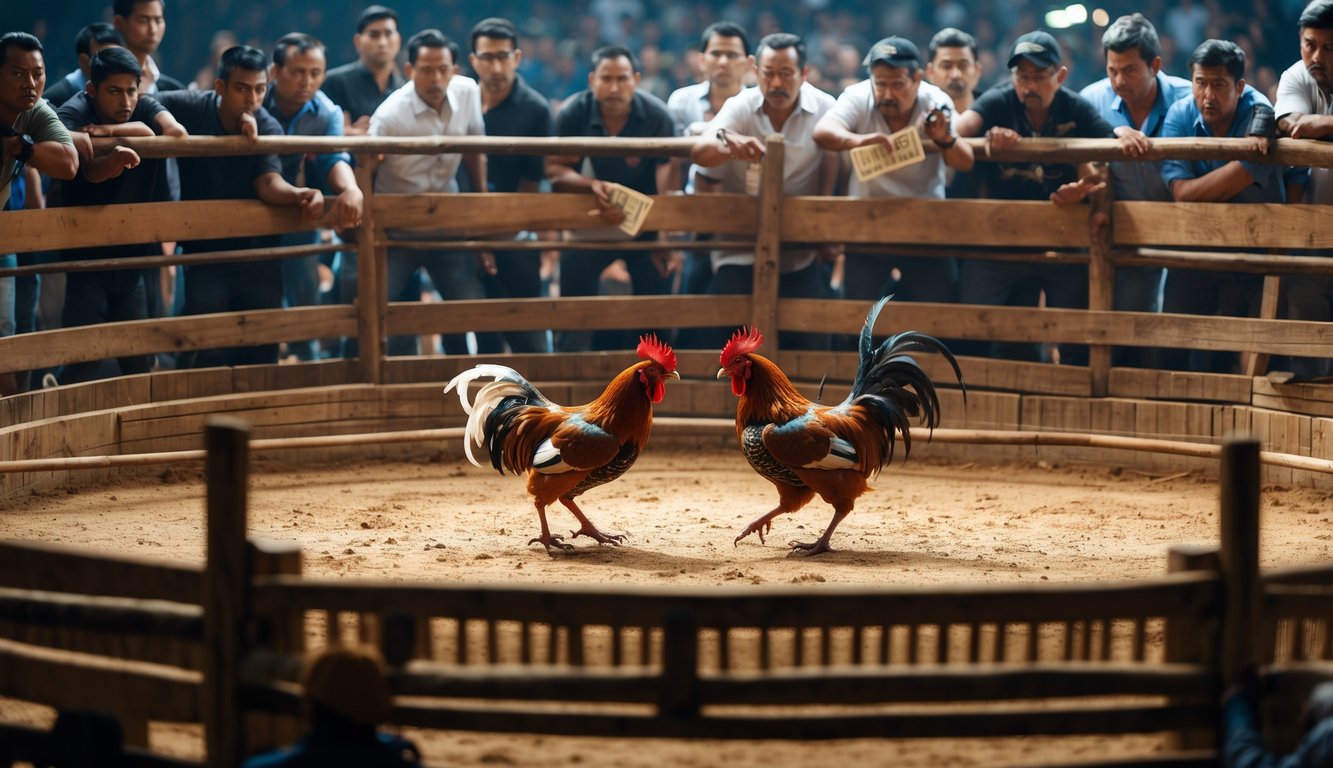 Pertandingan sabung ayam kompetitif dengan dua ayam jago bertarung di arena, dikelilingi oleh penonton yang serius memperhatikan.