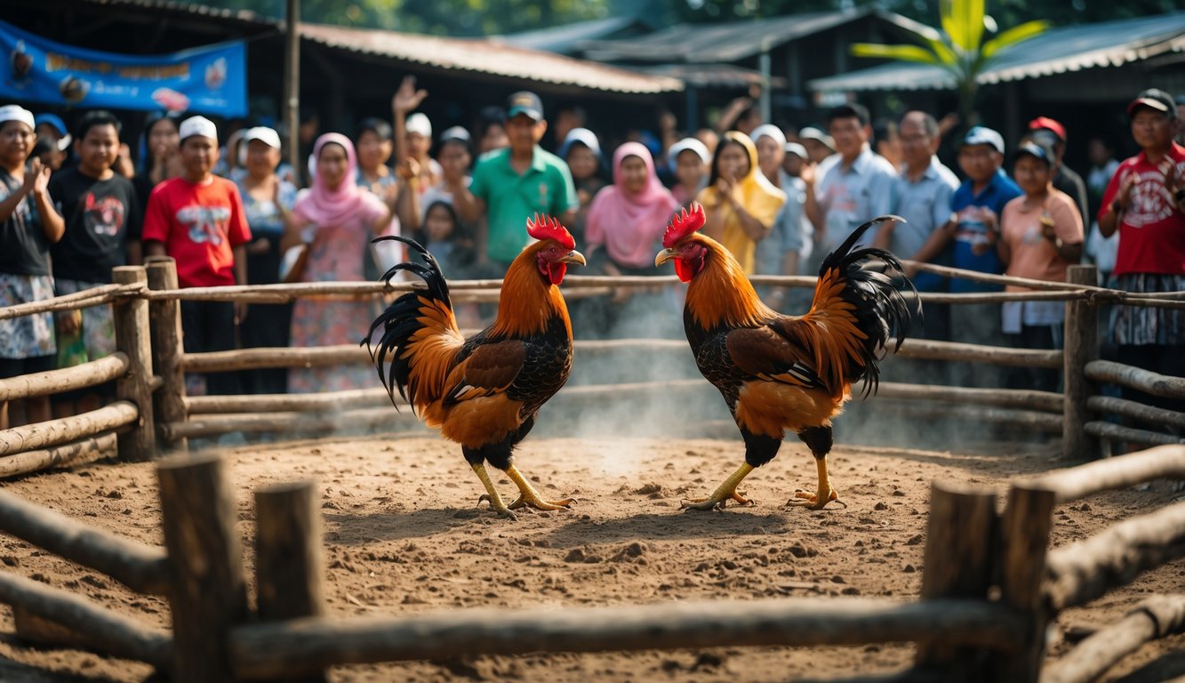 Dua ayam aduan sedang bertarung di arena melingkar dengan kerumunan penonton yang antusias di sekelilingnya.