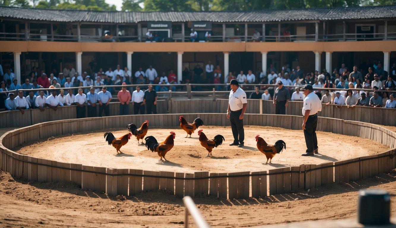 Pertandingan sabung ayam yang teratur dengan arena berbentuk lingkaran, beberapa ayam jago di tengah, dan penonton yang mengamati dari tempat duduk.