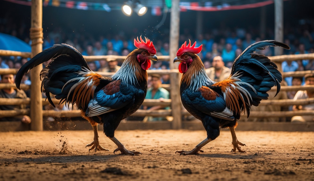 Dua ayam jago sedang bertarung di arena penuh penonton yang memperhatikan dengan serius.