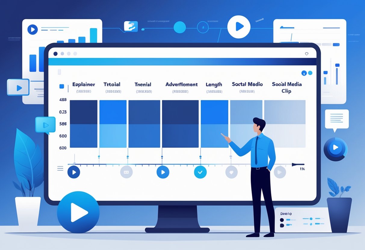 A person points at a digital timeline showing different video lengths for various purposes in a modern workspace with icons representing video elements and performance charts.
