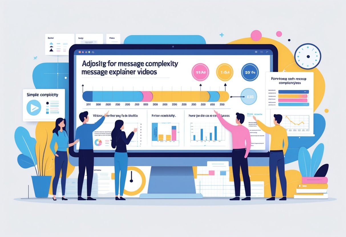 A group of professionals collaborating around a digital screen showing a segmented timeline and charts, discussing video length and message complexity.