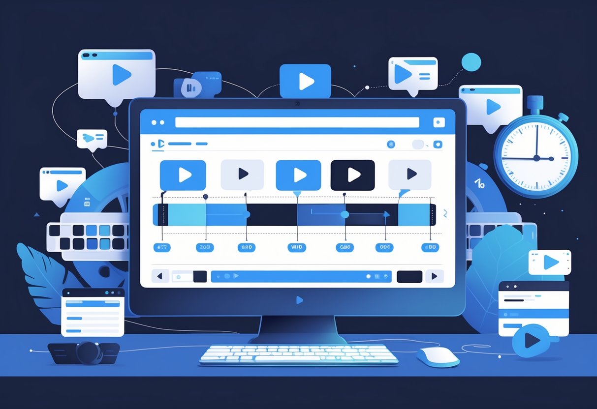 A digital workspace showing a computer screen with a video editing timeline, surrounded by icons of different video formats and a clock symbolising video length.